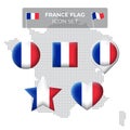 France flag icons set in the shape of square, heart, circle, stars and pointer, map marker. Mosaic map of france. French tricolor Royalty Free Stock Photo