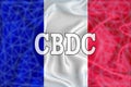 France flag with the inscription CBDC Central Bank Digital Currency and a blockchain grid around. Graphic concept for your