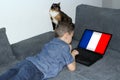 France flag on laptop display, little schoolboy in jeans lies on a sofa and scrolls, a cat sits nearby, a concept of studying