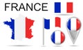 FRANCE. Flag, map pointer, button, waving flag, symbol, flat icon and map of France in the colors of the national flag. Vector Royalty Free Stock Photo