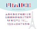 France font. French flag colors. Paper cutout glossy ABC letters and numbers. Vector Royalty Free Stock Photo
