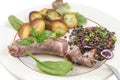 France Grilled Toulouse sausage with roasted potatoaes and salad and lentils on white background Royalty Free Stock Photo