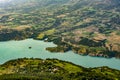 France. Serre-Poncon lake. Bay Saint-Michel and the chapel Saint-Michel. Aerial view