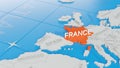 France highlighted on a white simplified 3D world map. Digital 3D render