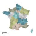 France higt detailed map with subdivisions. Administrative map of France with districts and cities name, colored by states and