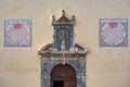 France. Jausiers. Facade of the church of Saint Nicolas de Myre and its sundials