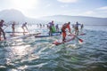 19.01.2019 - France Lake Annecy GlaGla Race 2019. SUP racers are participating in sport event. Lake Annecy in Franch