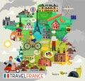 France Landmarks and Travel Map. France Travel Icons. Vector Illustration. Royalty Free Stock Photo