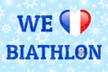 France love biathlon vector poster. Heart with French national flag. Print for clothes, fancier flags. Heart, target, sight icons.