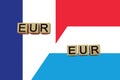 France and Luxembourg currencies codes on national flags background