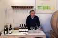 France Lyon 2019-06-20 Adult man professional sommelier taster, winery staff make tasting line top luxury Burgundy wine from