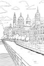 Lyon cityscape black and white vector coloring page