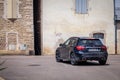 France Lyon 2019-06-20 closeup back luxury dark blue German car hatchback premium Mercedes GLA 200 d with EU registration number