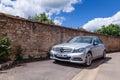 France Lyon 2019-06-20 closeup luxury silver German car sedan premium Mercedes C class with EU registration number parked near