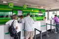 France Lyon 2019-06-18 Europcar car rental desk, employee register a rental contract for customers at Lyon Airport in France. Royalty Free Stock Photo
