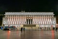 France, Lyon, Facade of the Palais de justice, night lighting