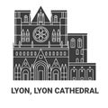 France, Lyon, Lyon Cathedral, travel landmark vector illustration