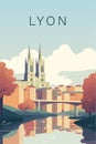 France Lyon retro city vector poster