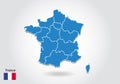 France map design with 3D style. Blue france map and National flag. Simple vector map with contour, shape, outline, on white Royalty Free Stock Photo