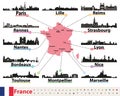 France map with largest cities skylines silhouettes vector set Royalty Free Stock Photo