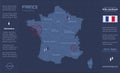 France map, separate regions with names, infographics blue flat design