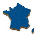 France map vector. High detailed administrative 3D map of France with dropped shadow. Vector blue isometric silhouette with admini Royalty Free Stock Photo
