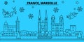 France, Marseille winter holidays skyline. Merry Christmas, Happy New Year decorated banner with Santa Claus.France