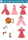 France matching activity. Puzzle with girl in pink dress. Find correct clothes printable worksheet. Funny page for kids with woman