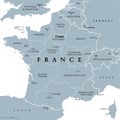 France, metropolitan regions, gray political map