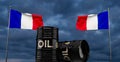 France oil, oil barrel background, France flag on barrel. Oil for France on blue sky background. 3D work and 3D illustration