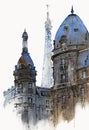 France old buildings with domes and Eiffel Tower silhouette watercolor illustration