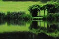 France- Panorama of Green On Green Pond Reflections of Grass and Bushes Royalty Free Stock Photo