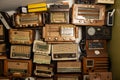 France, Paris, April-15-2023, Collection of retro radio and telephone receivers circa 1950. Listening to music. Vintage