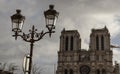 Famous Notre Dame cathedral with Parisian streetlamps in the foreground Royalty Free Stock Photo