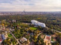 FRANCE, PARIS - OCT 2019: Aerial shot of Louis Vuitton Foundation museum modern building in Paris, France. Eiffel Tower Royalty Free Stock Photo