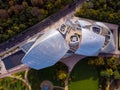 FRANCE, PARIS - OCT 2019: Aerial shot of Louis Vuitton Foundation museum modern building in Paris, France. Eiffel Tower Royalty Free Stock Photo