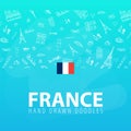 France and Paris travel banner. With flat and doodle elements. Doodles background. Vector illustration. Royalty Free Stock Photo