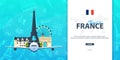 France and Paris travel banner. With flat and doodle elements. Doodles background. Vector illustration. Royalty Free Stock Photo
