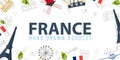 France and Paris travel banner. With flat and doodle elements. Doodles background. Vector illustration. Royalty Free Stock Photo