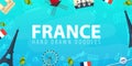 France and Paris travel banner. With flat and doodle elements. Doodles background. Vector illustration. Royalty Free Stock Photo