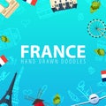 France and Paris travel banner. With flat and doodle elements. Doodles background. Vector illustration. Royalty Free Stock Photo