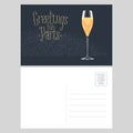 France, Paris vector postcard design with glass of French champagne