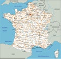 High detailed France road map with labeling.