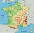 High detailed France physical map with labeling.