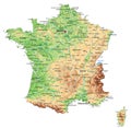 High detailed France physical map with labeling.