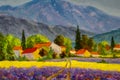 France. Provence landscape. Panorama rural countryside in spring or summer. Lavender field, mountains and houses.