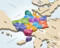 France regions with departments isometric map with neighbouring countries
