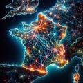 France\'s power map, a neon symphony: Light traces where electrons fly, generative ai