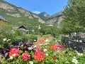 France Savoie Maurienne La Tour-en-Maurienne Hermillon flowers and village mountain landscape in summer with blue sky Royalty Free Stock Photo