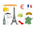 France set icons. Traditional travel symbol. Sights and characteristics of country. Eiffel Tower and croissant. French flag and m